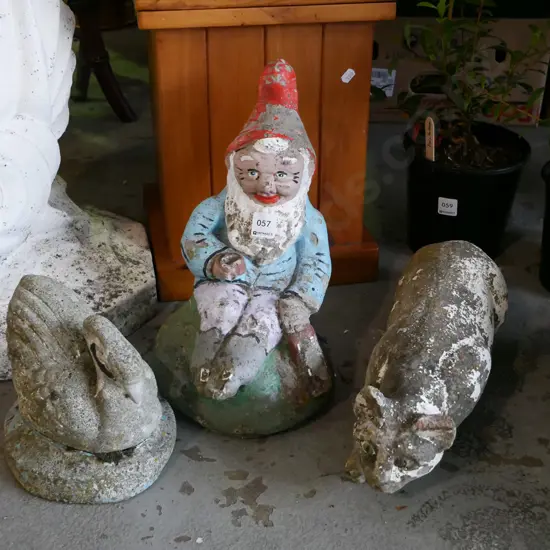 3x concrete garden ornaments; gnome, cat, swan