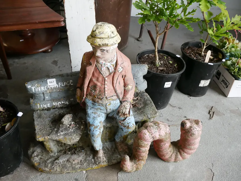 2x concrete garden ornaments - worm, man on bench H-450 Image 1++