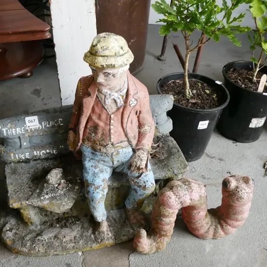 2x concrete garden ornaments - worm, man on bench H-450