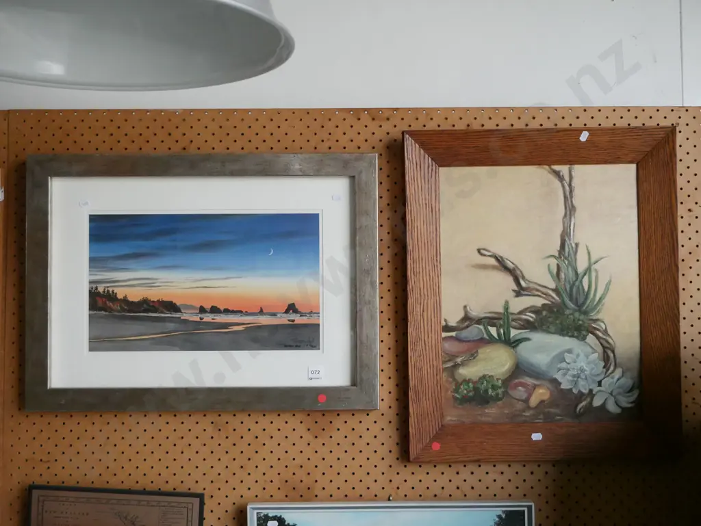 framed watercolour - coastal scene, oak framed acrylic - still life succulents - red dots Image 1++