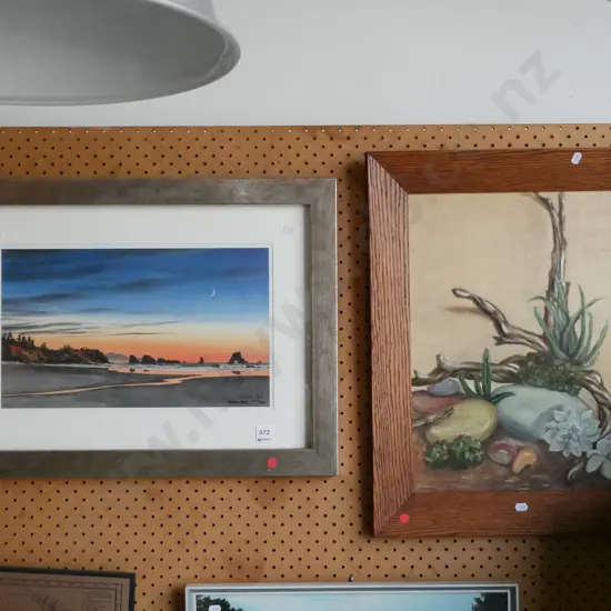 framed watercolour - coastal scene, oak framed acrylic - still life succulents - red dots