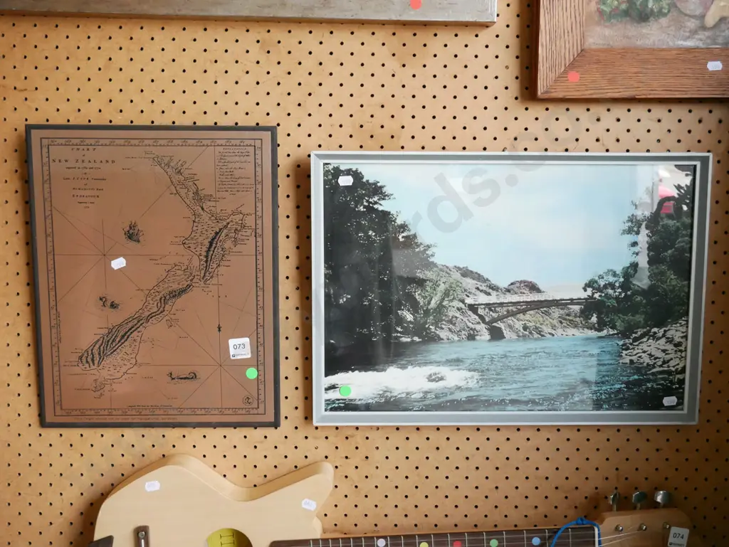 framed photo print - bridge, etched copper map of NZ - green dots Image 1++