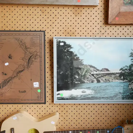 framed photo print - bridge, etched copper map of NZ - green dots