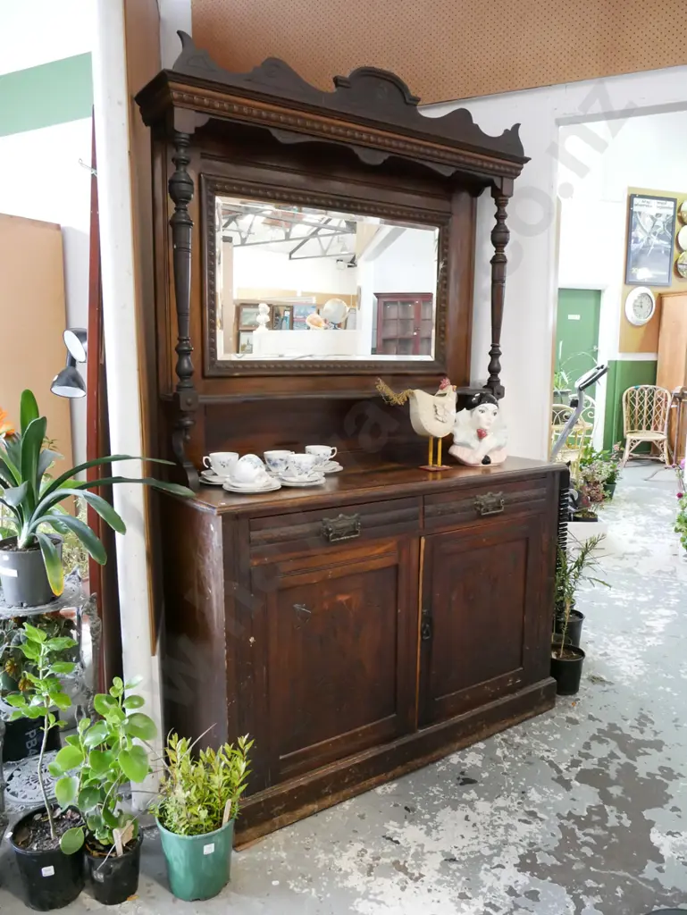 restorer's dark stained kauri 2 door 2 drawer mirror back buffet sideboard H-1230 W-1370 D-500 Image 1++