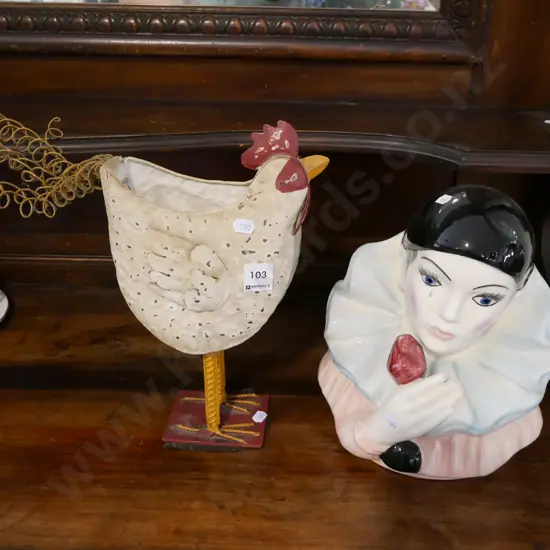 metal chicken jardiniere and harleqin ornament H-260