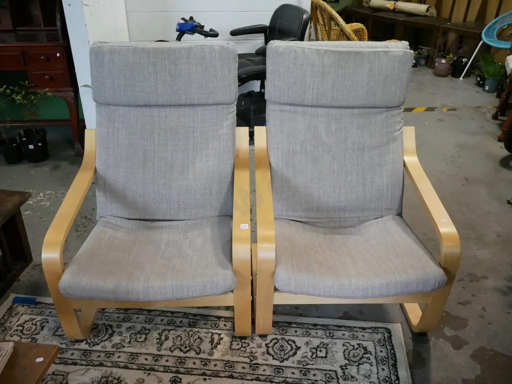 2x plywood bentwood and charcoal upholstered armchairs Image 1++