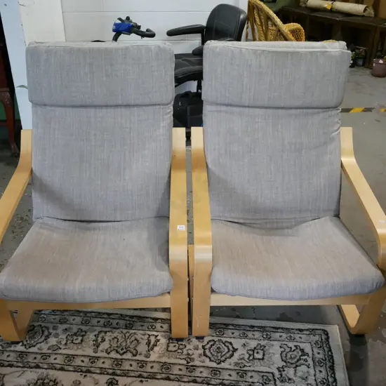 2x plywood bentwood and charcoal upholstered armchairs