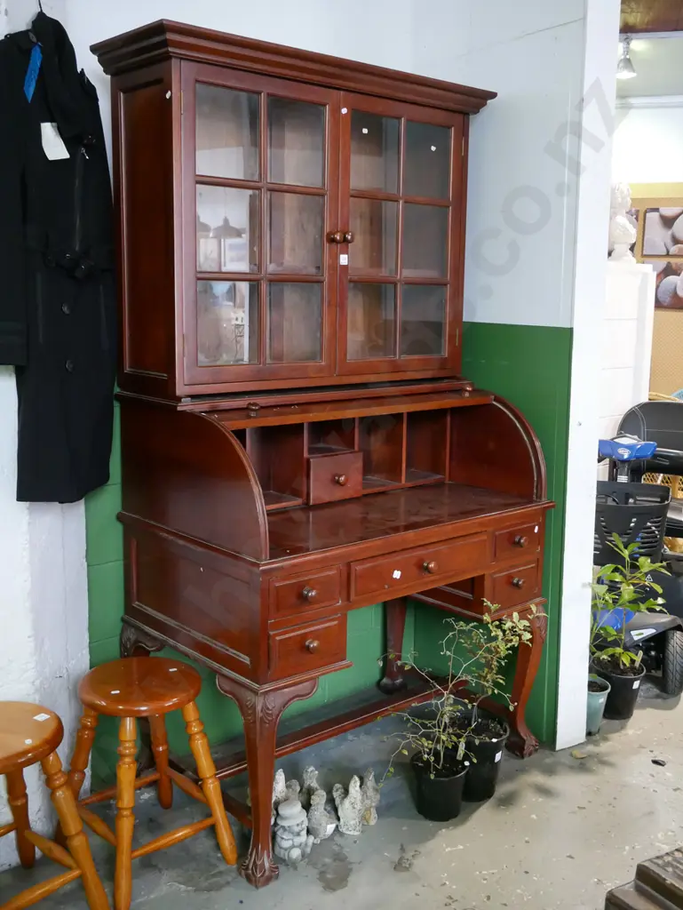 reproduction cab leg roll top desk with 2 door glazed bookcase in top H-1870 W-1015 D-610 Image 1++