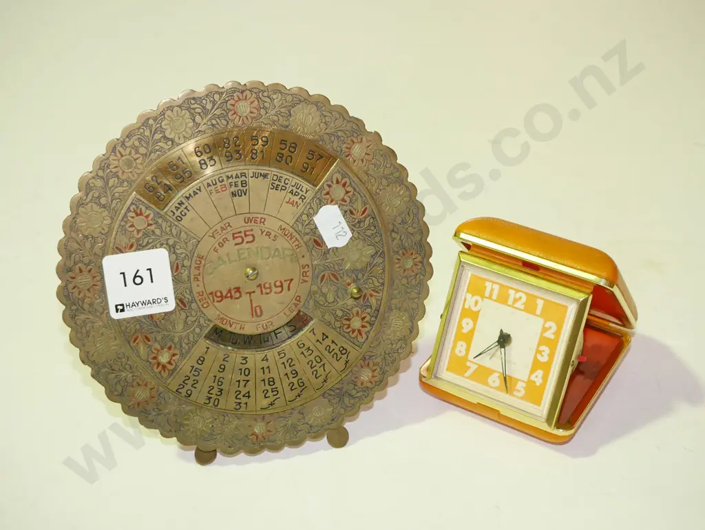retro travel alarm clock & small vintage brass calendar Image 1++