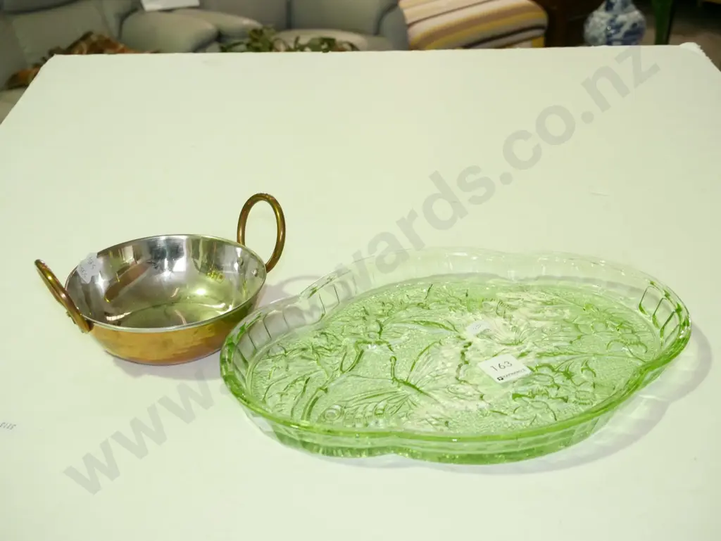 green depression glass tray & copper & stainless steel dish Image 1++
