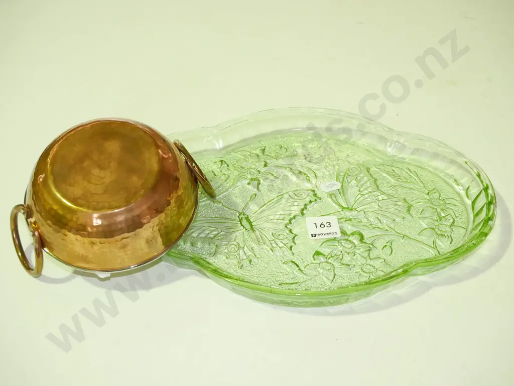 green depression glass tray & copper & stainless steel dish Image 1++