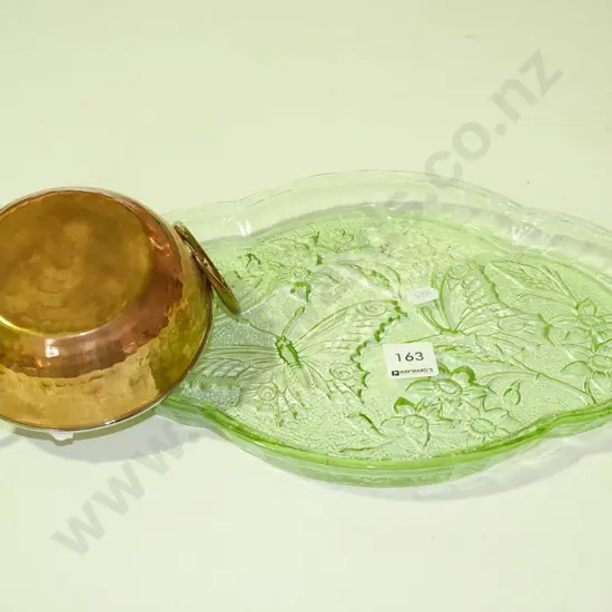 green depression glass tray & copper & stainless steel dish