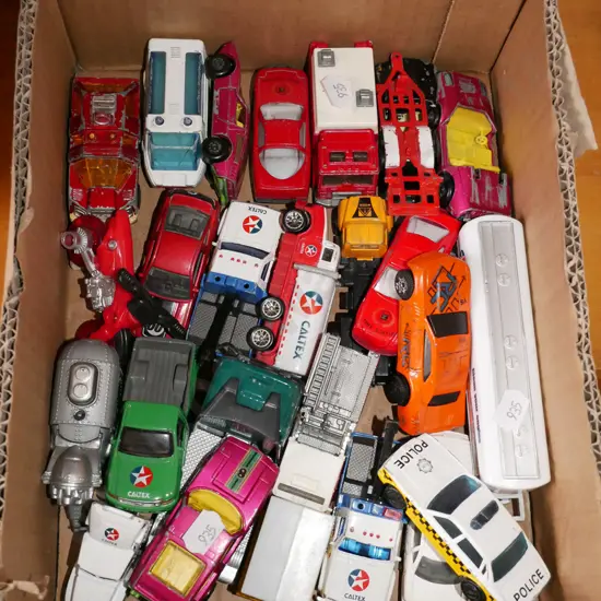 box of toy vehicles