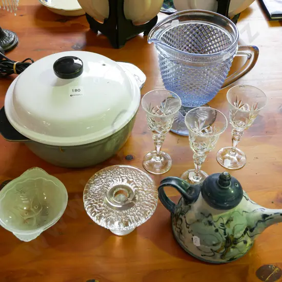 Denby casserole, water jug, glasses etc