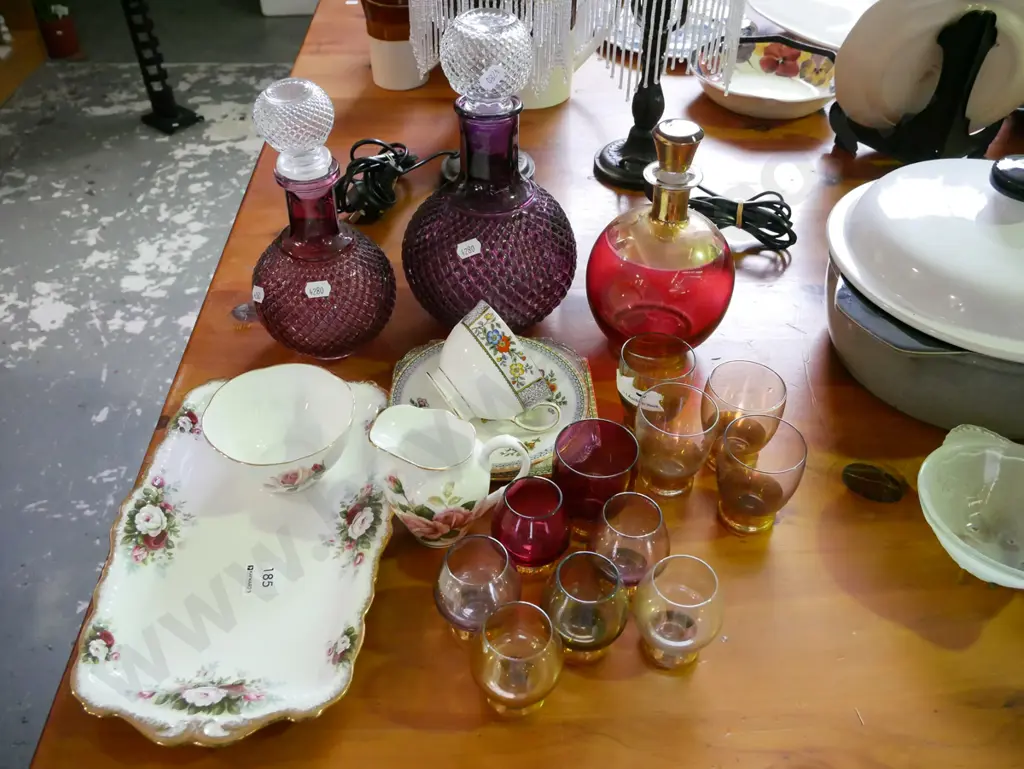 3x stoppered decanter, trio, sandwich plate etc Image 1++