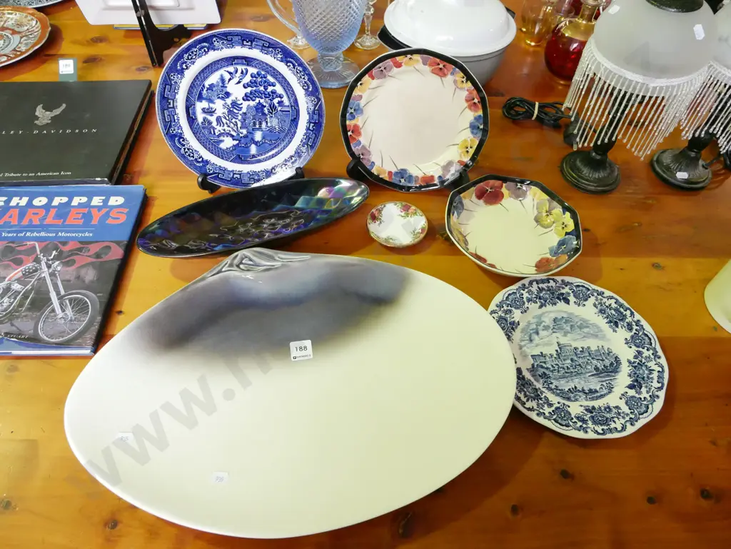 large NZ studio pottery ashet, blue and white plate, Doulton pansy bowl and plate - crack and crazing etc Image 1++