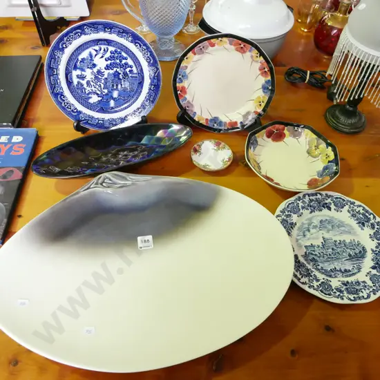 large NZ studio pottery ashet, blue and white plate, Doulton pansy bowl and plate - crack and crazing etc
