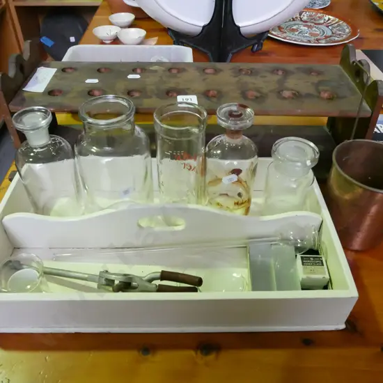 lab glassware, test tube holder, tray, copper dipper etc