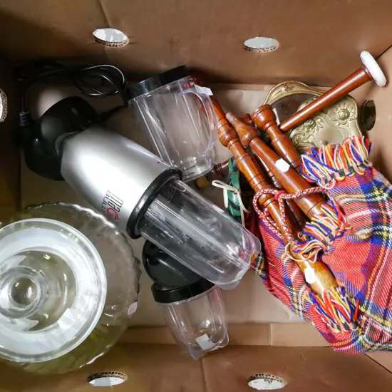 box; glass storage canisters, magic bullet, dressing table set etc