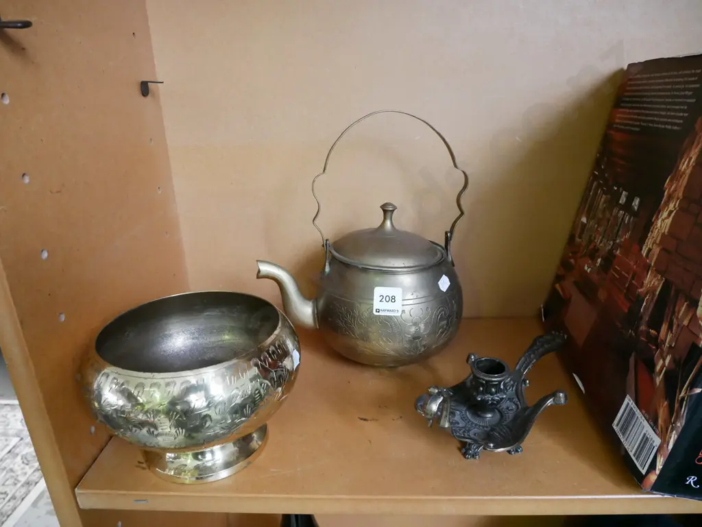 brass footed bowl, teapot, candlestick Image 1++