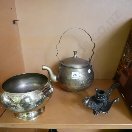 brass footed bowl, teapot, candlestick