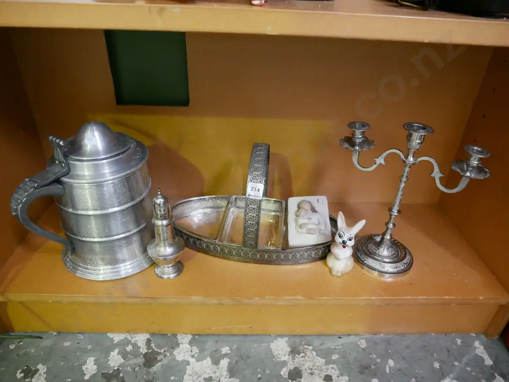 plated and segmented serving dish, sugar shaker, large stein/ice bucket, candelabra etc Image 1++