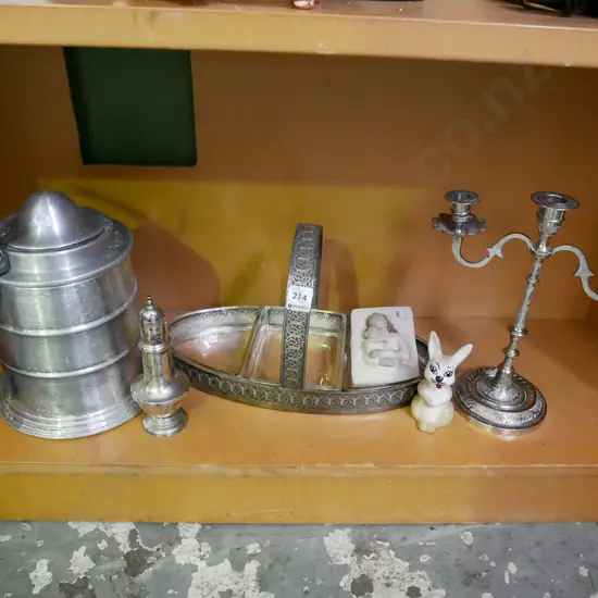 plated and segmented serving dish, sugar shaker, large stein/ice bucket, candelabra etc