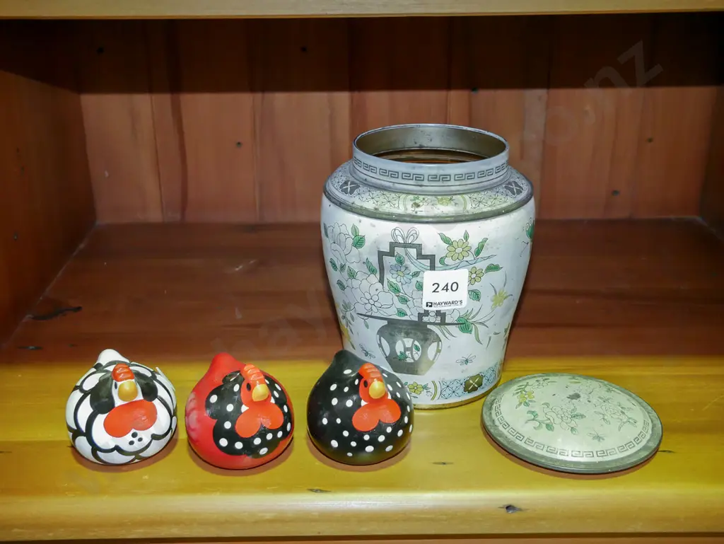 vintage tin lidded canister of buttons, 3x hand painted happy hens Image 1++
