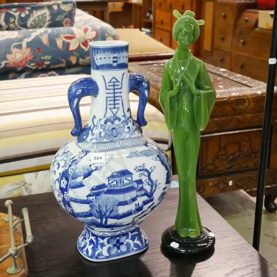 large blue and white Asian vase and a composite figurine H-480
