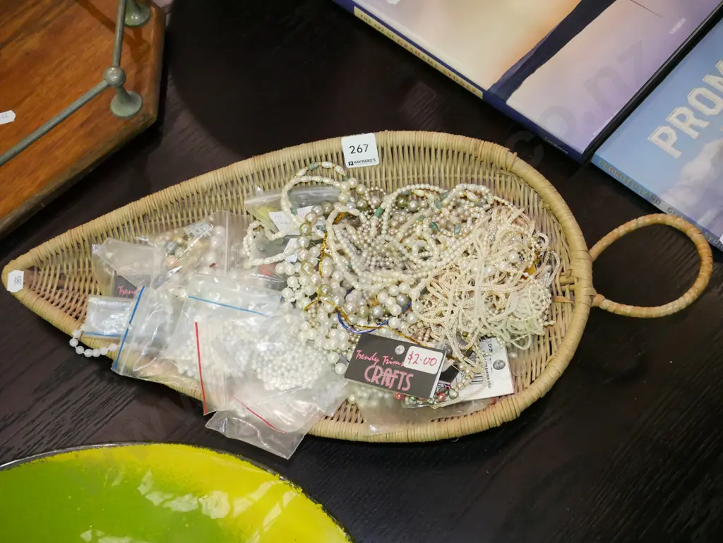 cane leaf dish with beads, necklaces etc Image 1++