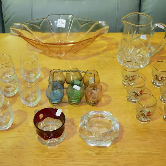 glassware; pink glass bowl, cut crystal jug, tumblers etc