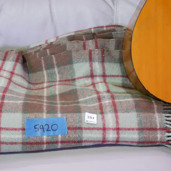 green, brown and red checked travel blanket