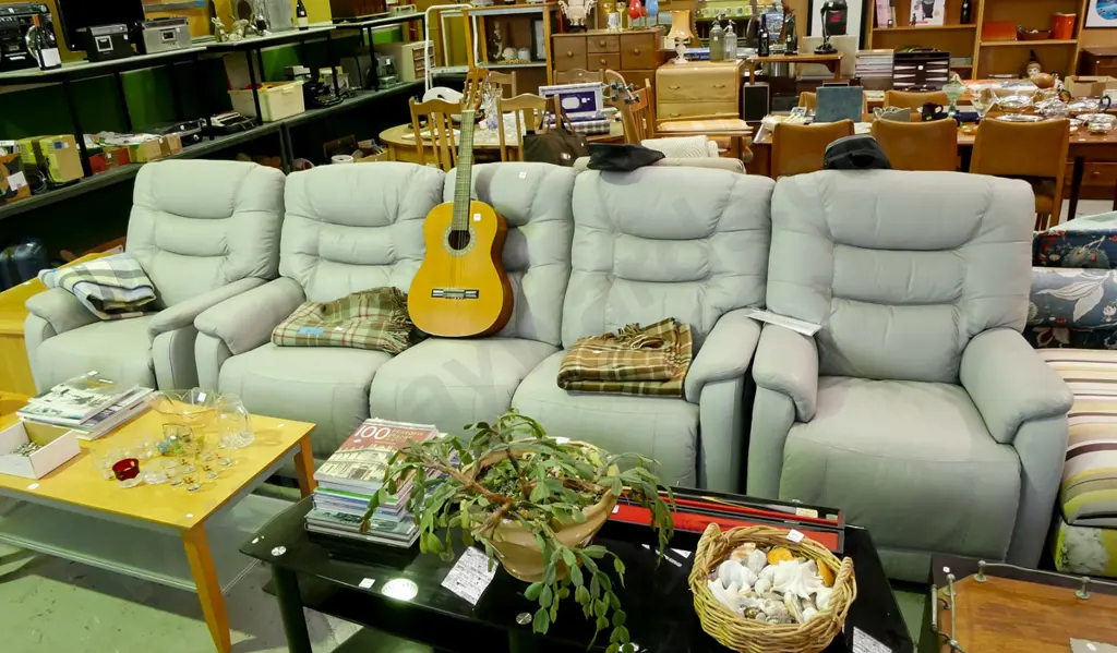 John Young grey leather 3 piece lounge suite with 2 reclining singles and reclining 3 seater settee Image 1++