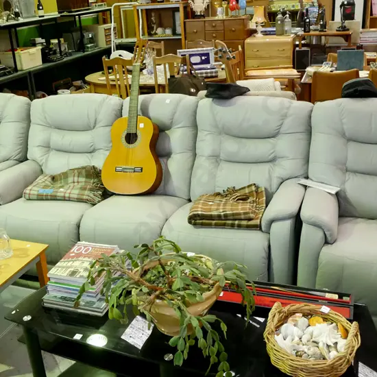 John Young grey leather 3 piece lounge suite with 2 reclining singles and reclining 3 seater settee