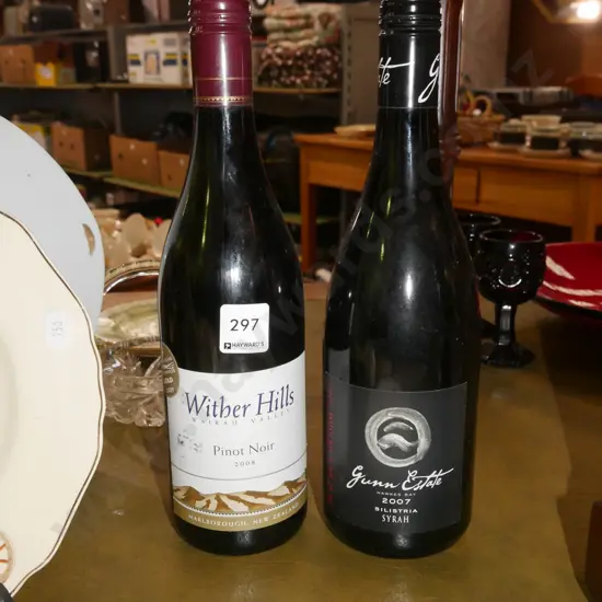 bottle of Wither Hills 2008 pinot noir, bottle of Gunn Estate 2007 sirah