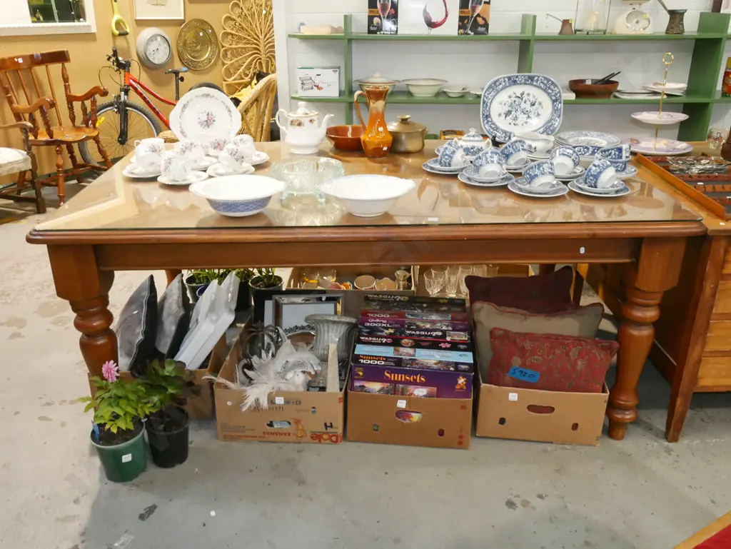 dark stained solid pine turned leg table with glass protective top H-770 W-1780 D-1035 Image 1++