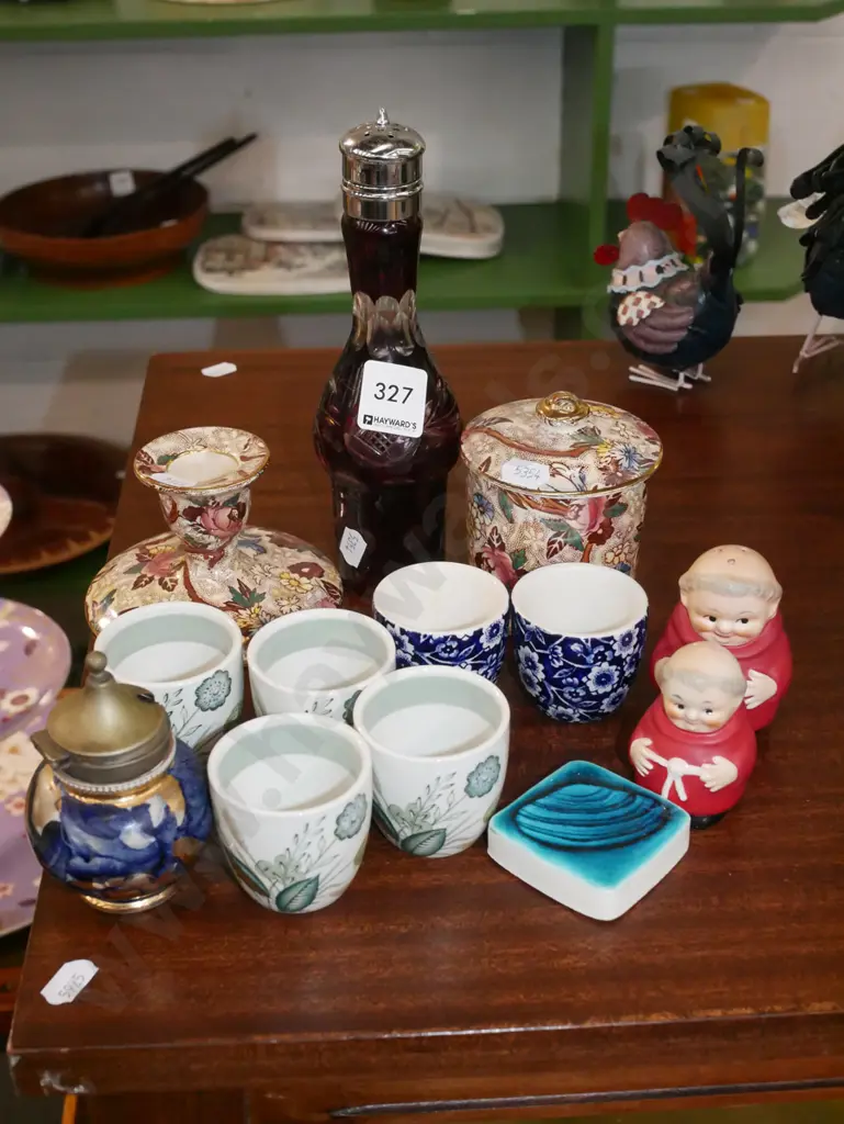 cut ruby glass sugar shaker, candlestick, honey pot, Hummel monk salt and peppers etc Image 1++