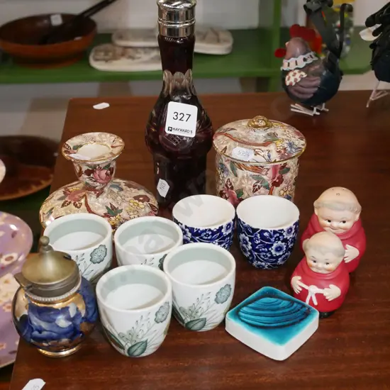 cut ruby glass sugar shaker, candlestick, honey pot, Hummel monk salt and peppers etc