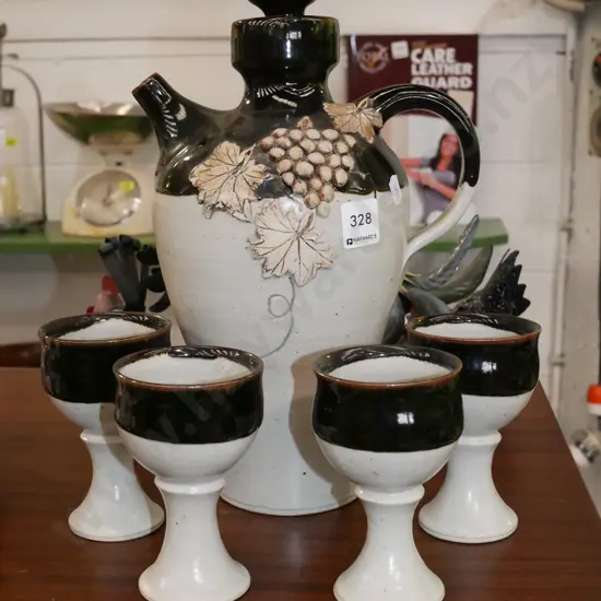 studio pottery jug and 4 goblets