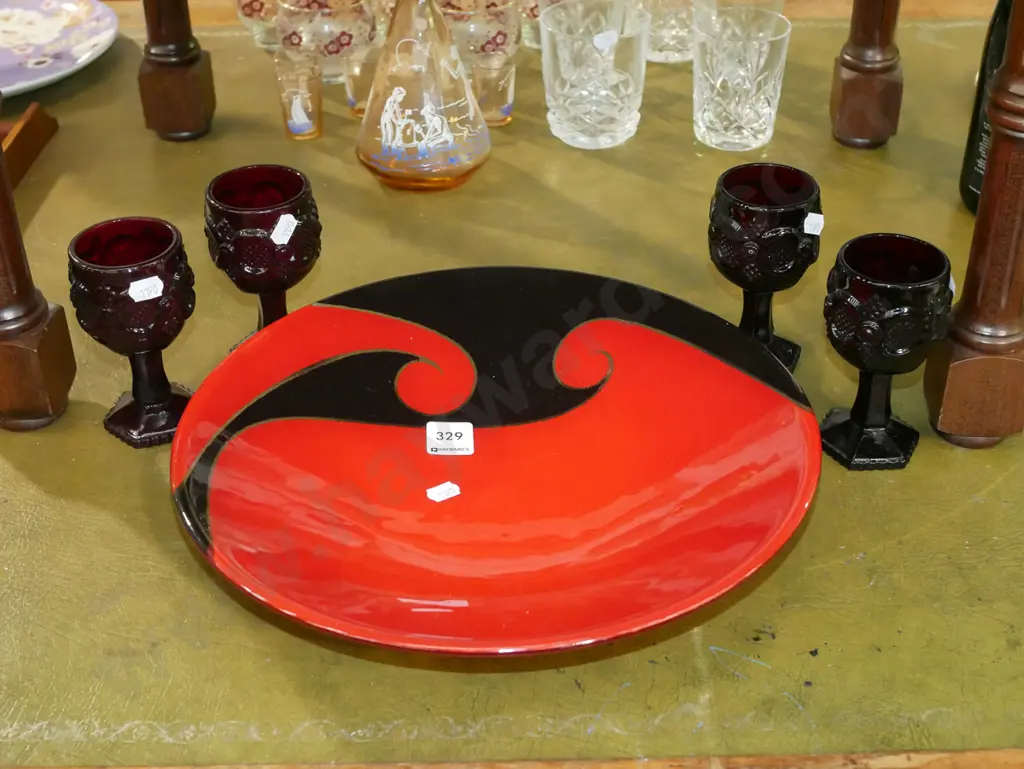 Maori boy glass bowl, 4x ruby glass goblets Image 1++