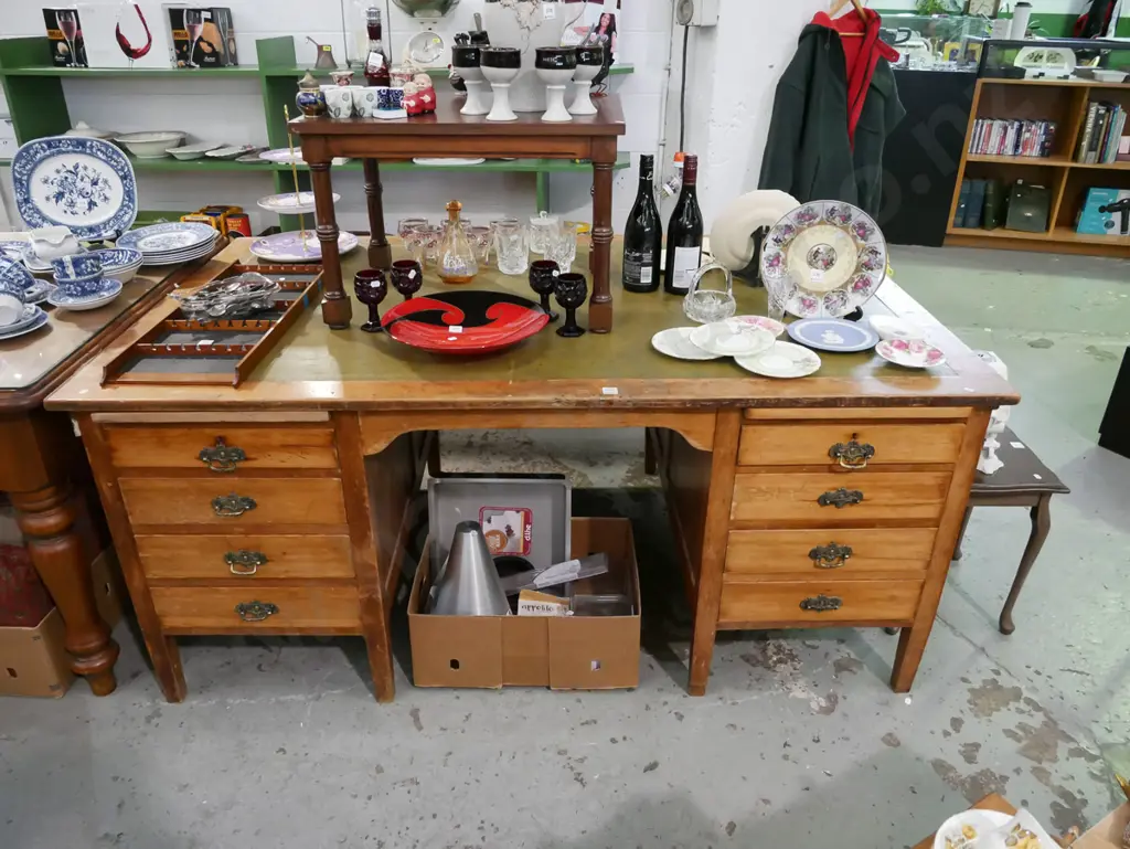 large Edwardian desk with vinyl inlay, 8 drawers, 2 side cabinets H-740 W-1685 D-1030 Image 1++