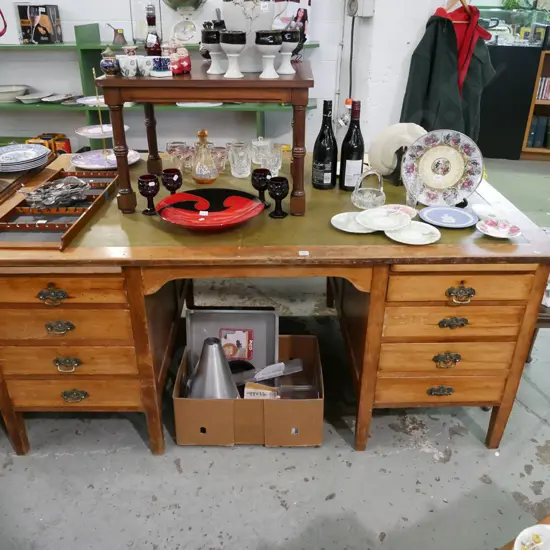 large Edwardian desk with vinyl inlay, 8 drawers, 2 side cabinets H-740 W-1685 D-1030