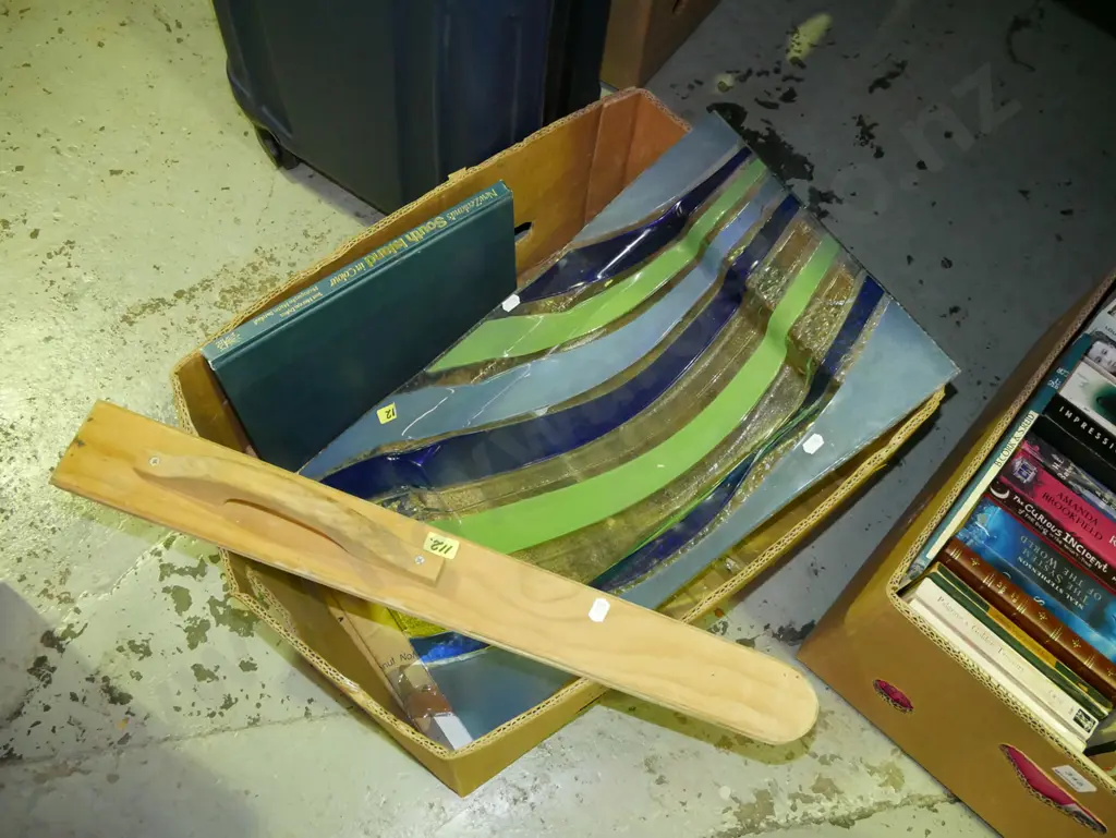 box; very large glass platter, wooden trowel, South Island in colour book Image 1++