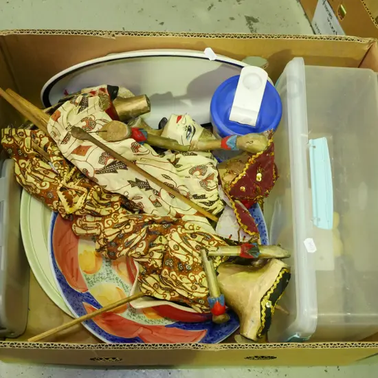 box; Indonesian marionettes, storage container, large pouring jug etc