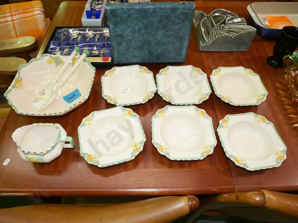 Crown Devon yellow floral sweet set with jug and 2 servers - large crack to serving bowl Image 1++