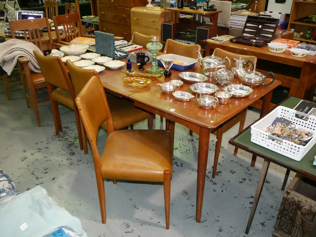 mid-century teak and mdf extending dining table with 6 matching brown vinyl chairs H-740 W-1840 D-910 Image 1++