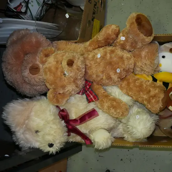 box of teddy bears and toys