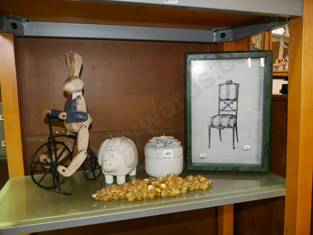 chair print, piggy bank, ceramic trinket box, rabbit on bike etc Image 1++