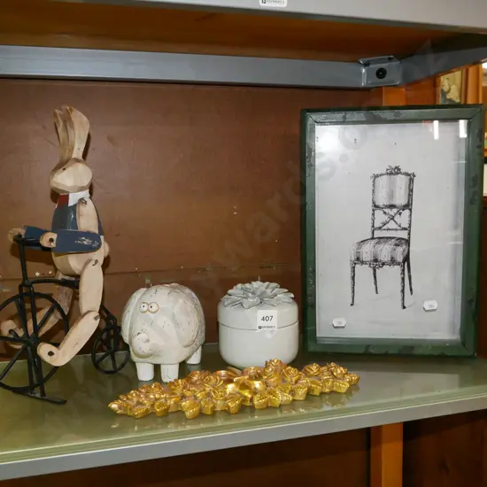 chair print, piggy bank, ceramic trinket box, rabbit on bike etc