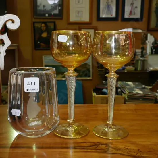 etched crystal vase, 2 goblets